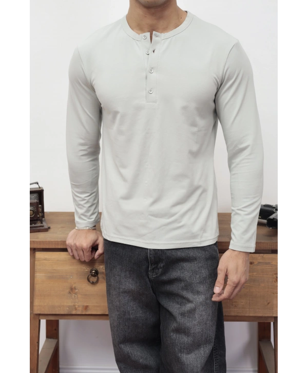 HENLEY YAKA DÜĞMELİ GRİ UZUN KOLLU T-SHİRT