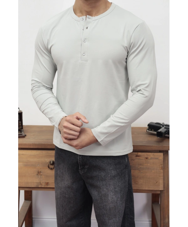 HENLEY YAKA DÜĞMELİ GRİ UZUN KOLLU T-SHİRT