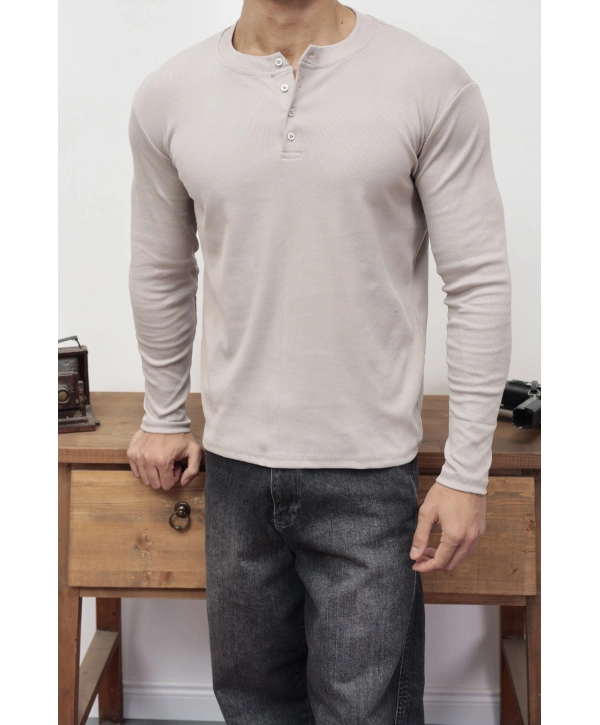 HENLEY YAKA FİTİLLİ DÜĞMELİ BEJ UZUN KOLLU T-SHİRT
