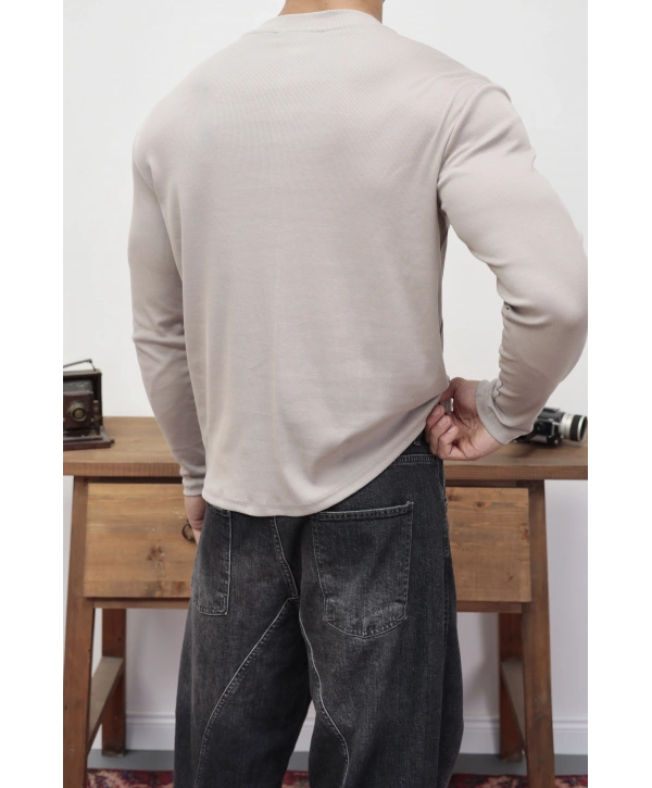 HENLEY YAKA FİTİLLİ DÜĞMELİ BEJ UZUN KOLLU T-SHİRT