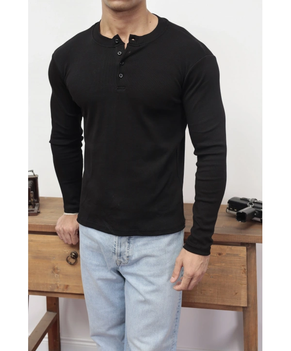 HENLEY YAKA FİTİLLİ DÜĞMELİ SİYAH UZUN KOLLU T-SHİRT