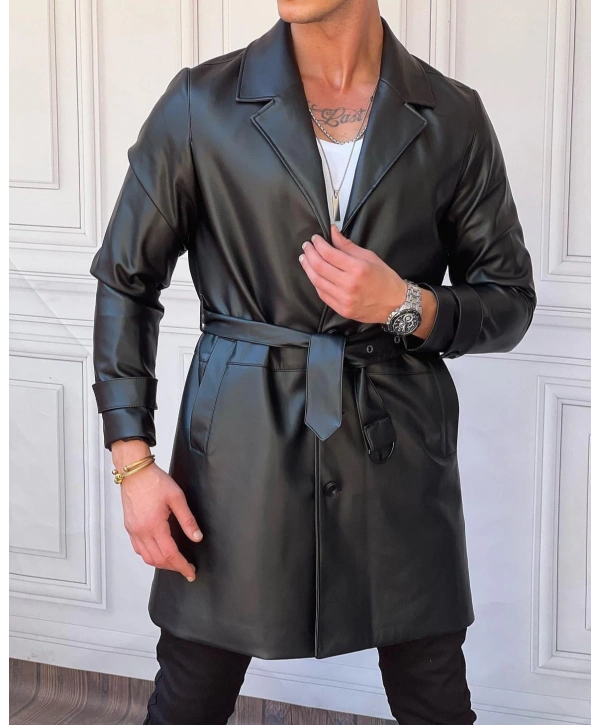 Kemer Detaylı Yüksek Kalite Deri Palto