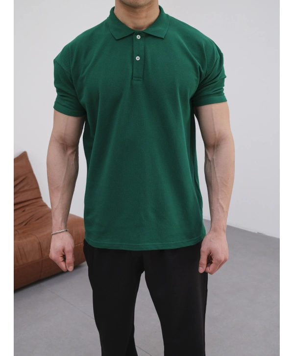 KOYU YEŞİL POLO YAKA OVERSİZE KOLLAR DAR KESİM T-SHİRT