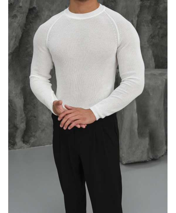 Omuz Detay Slim Fit Kazak Beyaz