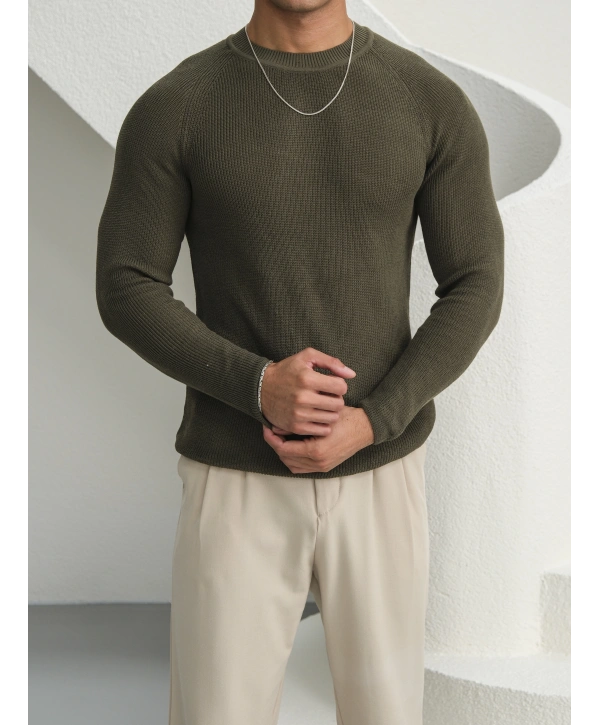 Omuz Detay Slim Fit Kazak Haki