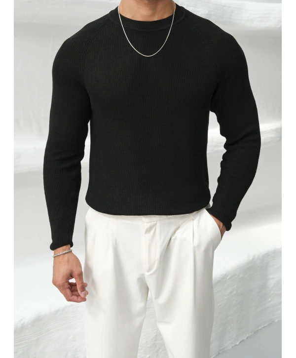 Omuz Detay Slim Fit Kazak Siyah