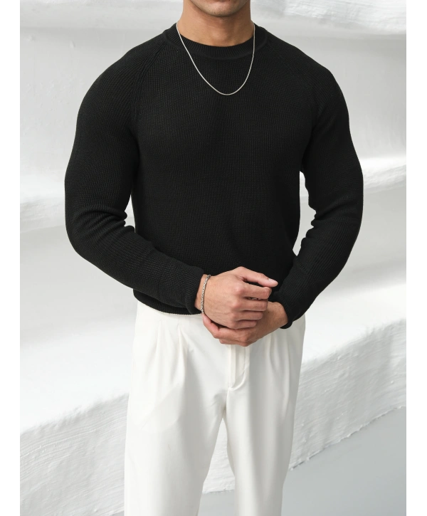 Omuz Detay Slim Fit Kazak Siyah