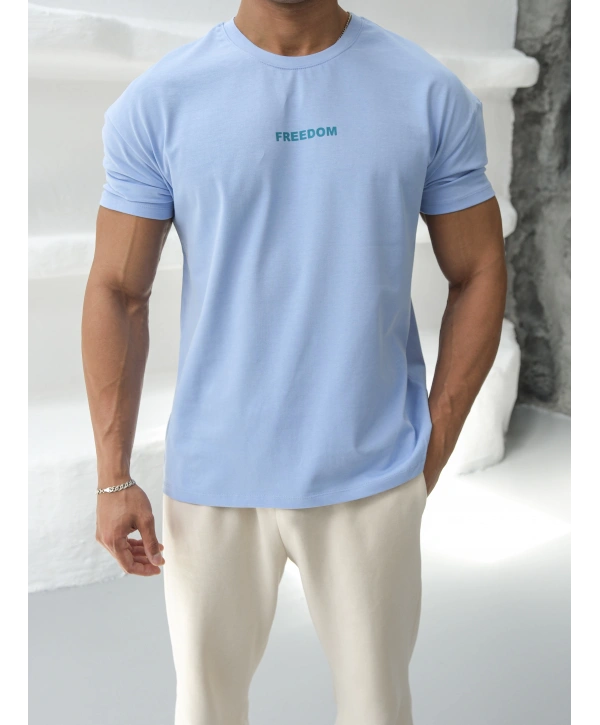 Oversize Bebe Mavisi Freedom Baskılı Kollar Dar Kesim T-Shirt