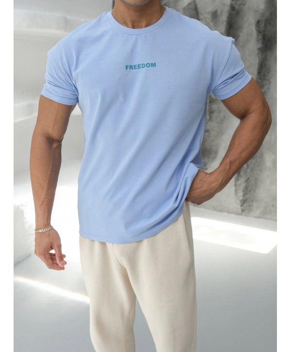 Oversize Bebe Mavisi Freedom Baskılı Kollar Dar Kesim T-Shirt