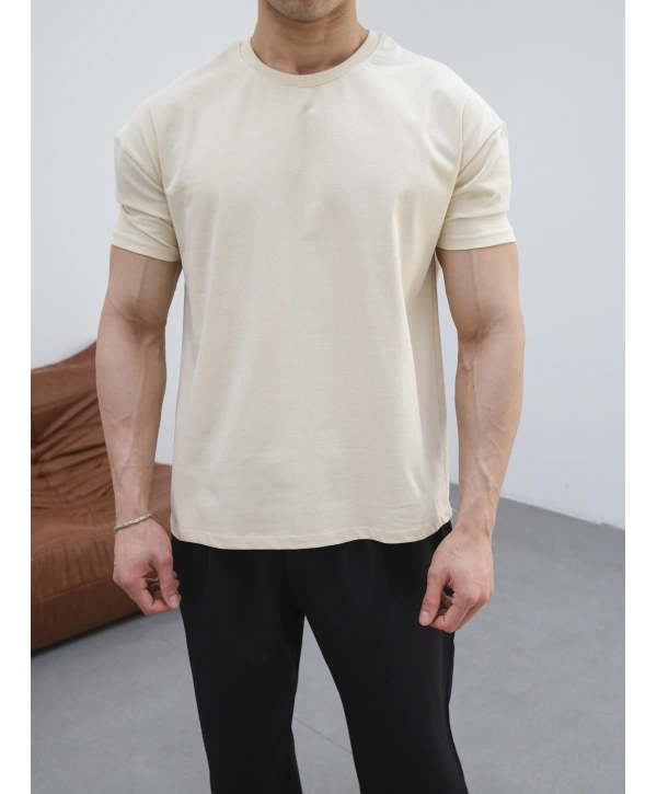 OVERSİZE BEJ RENK KOLLAR DAR KESİM T-SHİRT