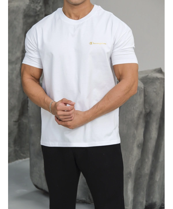 OVERSİZE BEYAZ REFLEKTÖR CHAMPİON KOLLAR DAR KESİM T-SHİRT