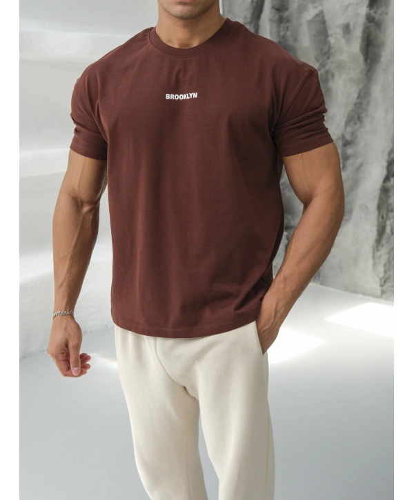 Oversize Brooklynn Baskı Kahverengi Kollar Dar Kesim T-Shirt