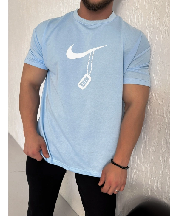 Oversize Nike Bebe Mavisi Zincir Baskı Kollar Dar Kesim Tshirt