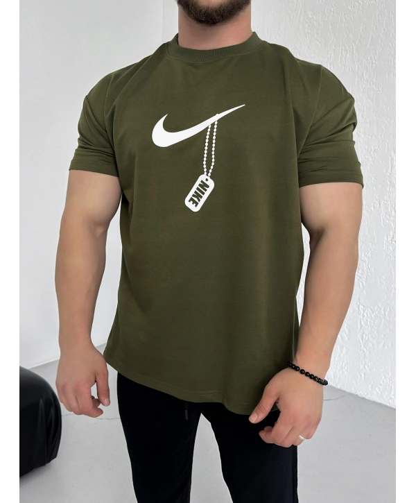 Oversize Nike Haki Zincir Baskı Kollar Dar Kesim Tshirt