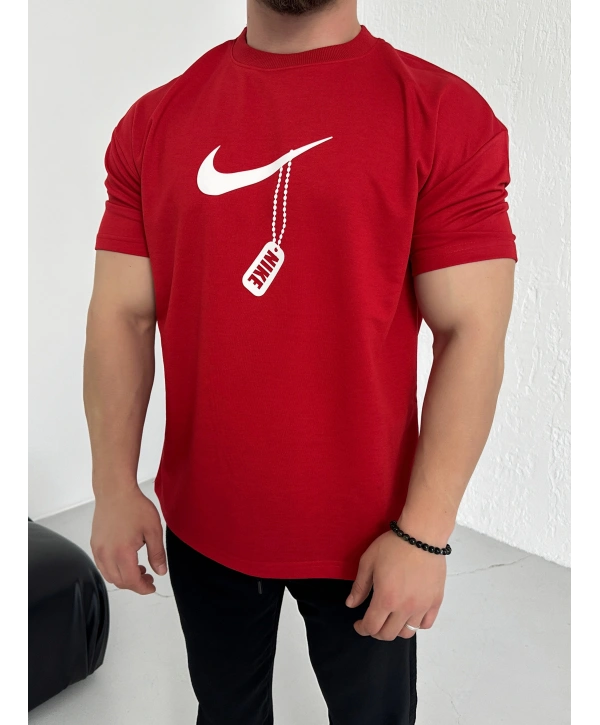 Oversize Nike Kırmızı Zincir Baskı Kollar Dar Kesim Tshirt