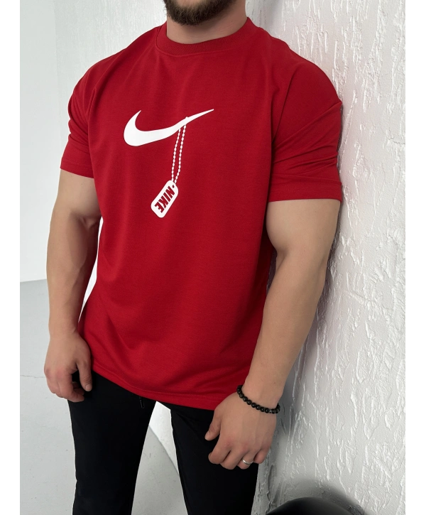Oversize Nike Kırmızı Zincir Baskı Kollar Dar Kesim Tshirt
