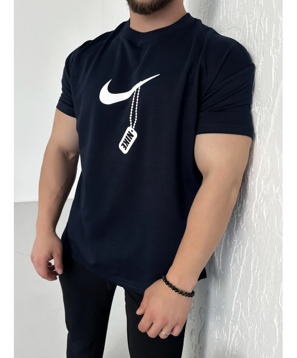 Oversize Nike Lacivert Zincir Baskı Kollar Dar Kesim Tshirt