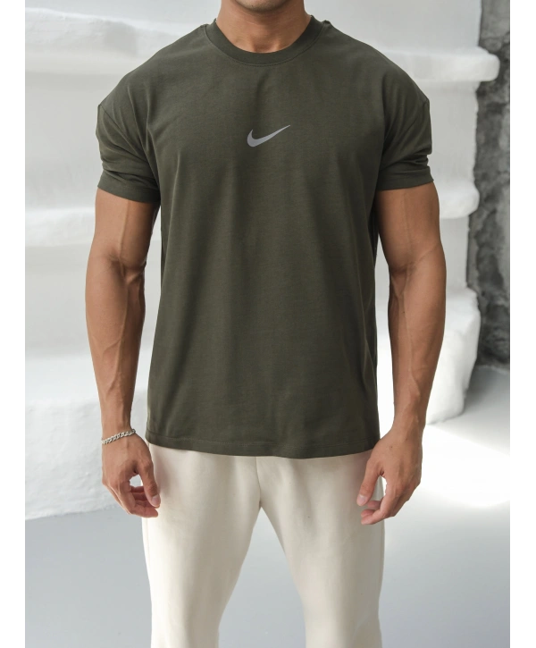 Oversize Nike Reflektör Haki Baskılı Kollar Dar Kesim T-Shirt