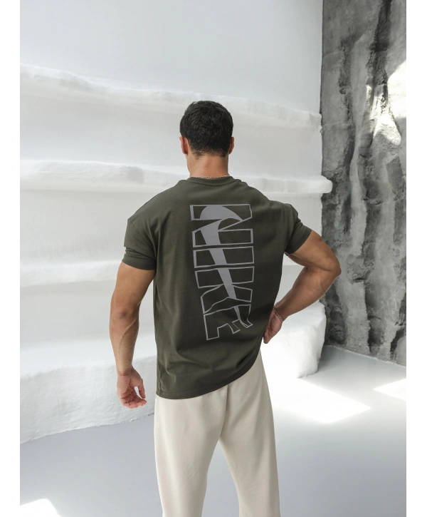 Oversize Nike Reflektör Haki Baskılı Kollar Dar Kesim T-Shirt