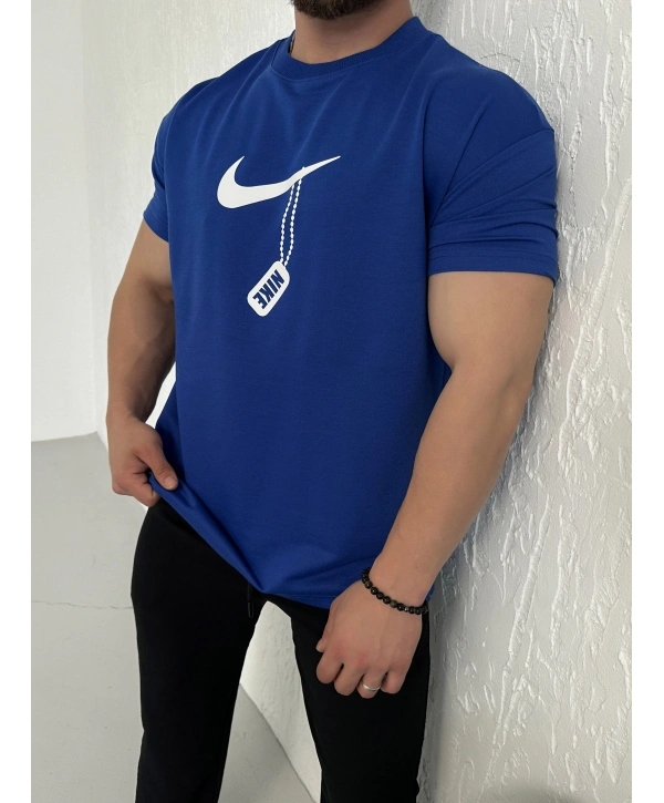Oversize Nike Saks Mavisi Zincir Baskı Kollar Dar Kesim Tshirt