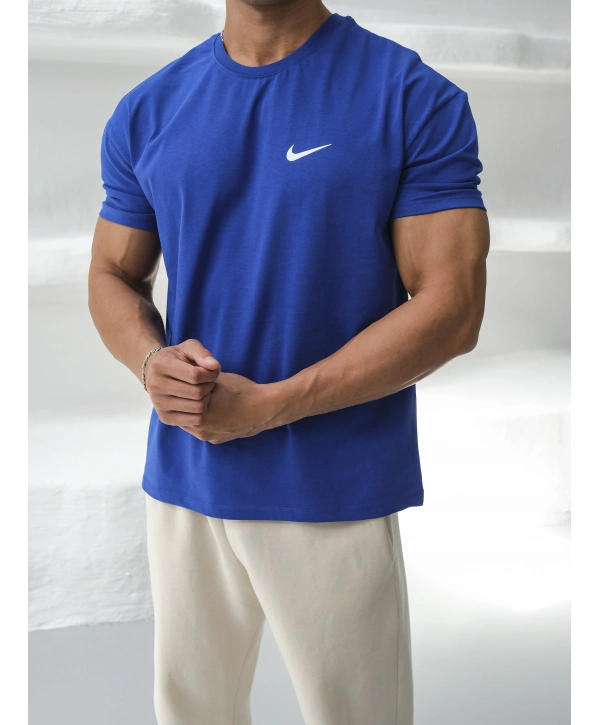 Oversize Saks Mavisi Nike Baskılı Kollar Dar Kesim T-Shirt