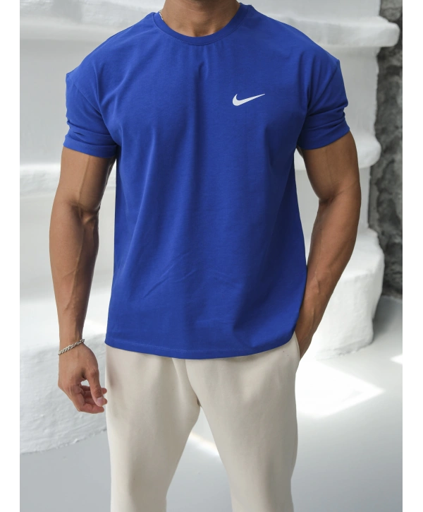 Oversize Saks Mavisi Nike Baskılı Kollar Dar Kesim T-Shirt