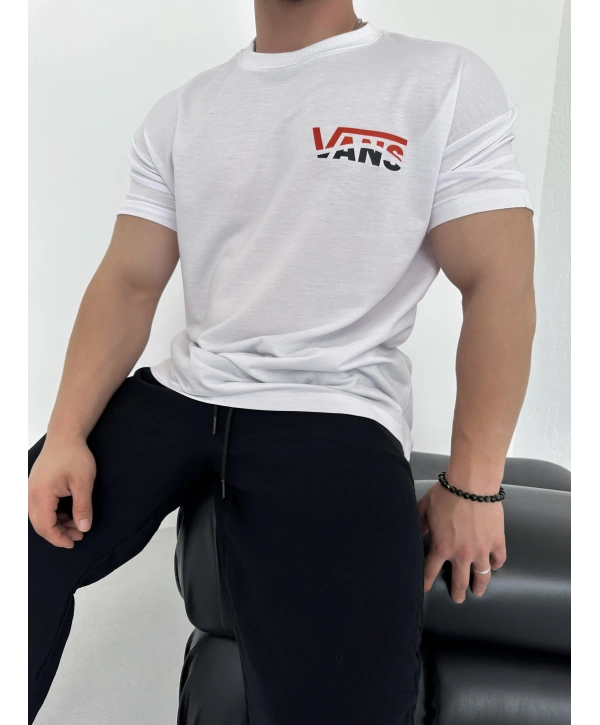 Oversize Vans Beyaz Baskılı Kollar Dar Kesim T-Shirt