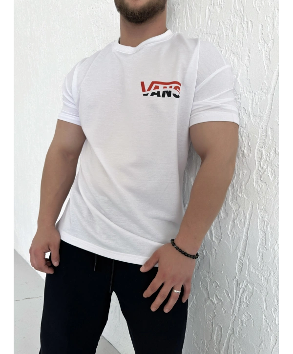Oversize Vans Beyaz Baskılı Kollar Dar Kesim T-Shirt