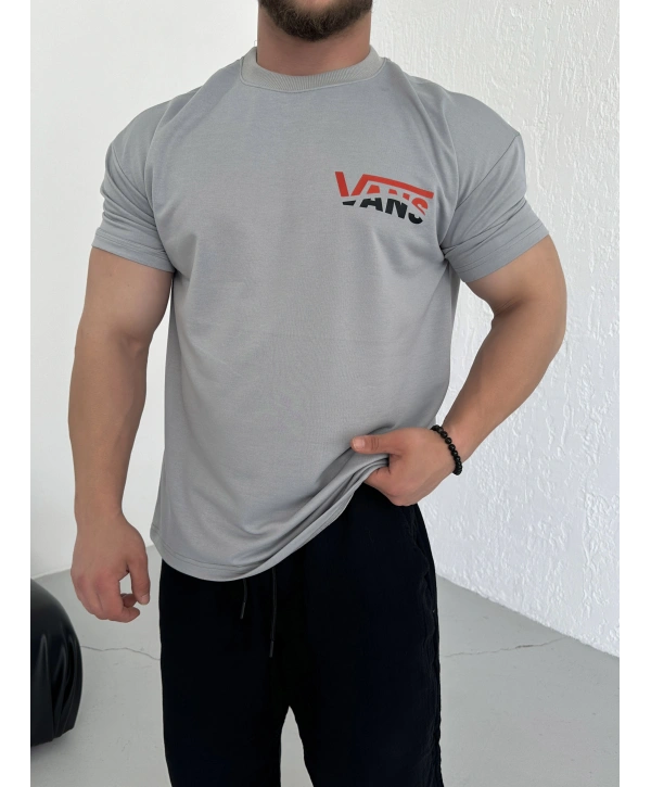 Oversize Vans Gri Baskılı Kollar Dar Kesim T-Shirt