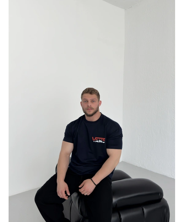 Oversize Vans Lacivert Baskılı Kollar Dar Kesim T-Shirt