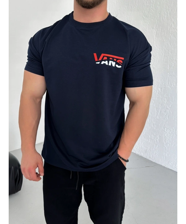 Oversize Vans Lacivert Baskılı Kollar Dar Kesim T-Shirt