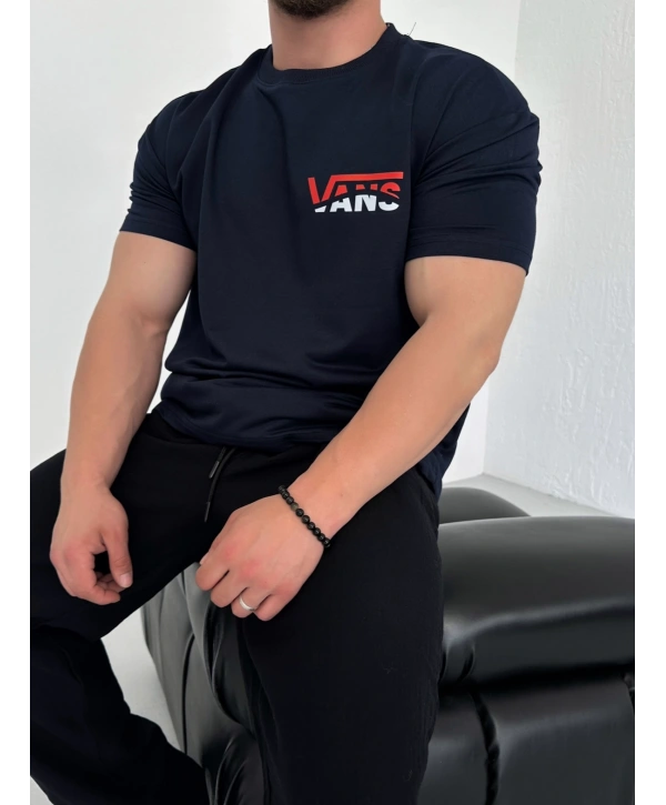 Oversize Vans Lacivert Baskılı Kollar Dar Kesim T-Shirt