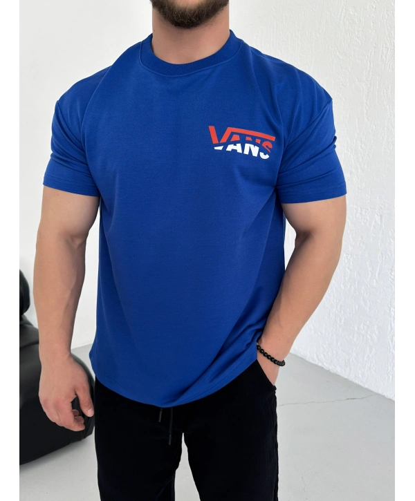 Oversize Vans Saks Mavisi Baskılı Kollar Dar Kesim T-Shirt