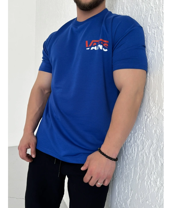 Oversize Vans Saks Mavisi Baskılı Kollar Dar Kesim T-Shirt