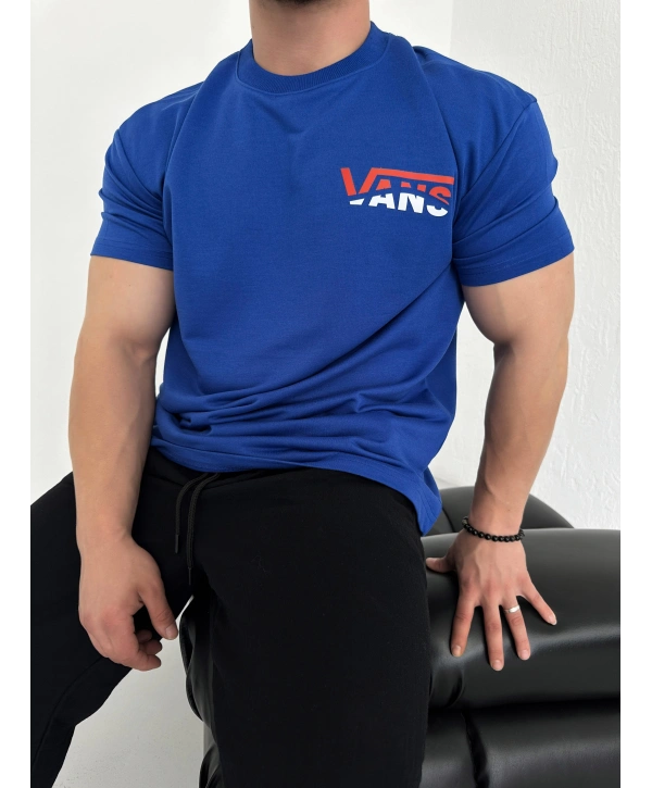 Oversize Vans Saks Mavisi Baskılı Kollar Dar Kesim T-Shirt