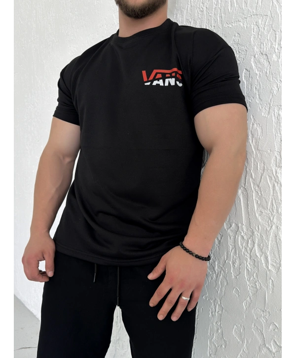 Oversize Vans Siyah Baskılı Kollar Dar Kesim T-Shirt