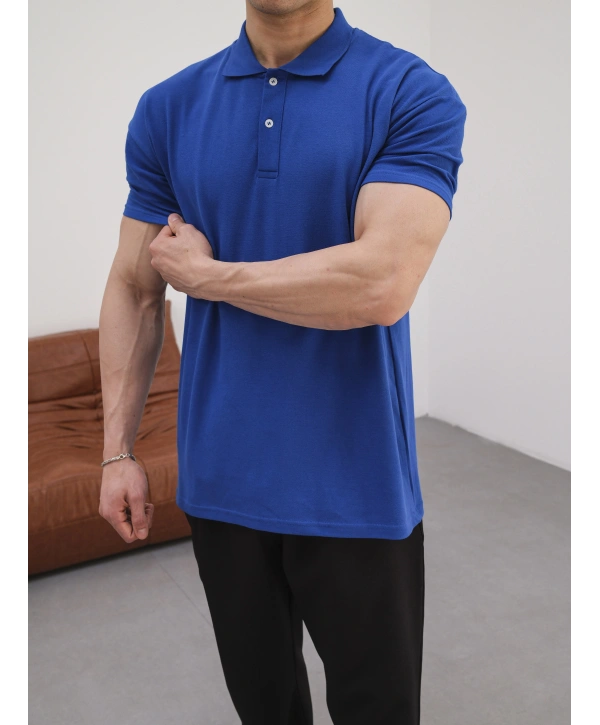 SAKS MAVİSİ POLO YAKA OVERSİZE KOLLAR DAR KESİM T-SHİRT