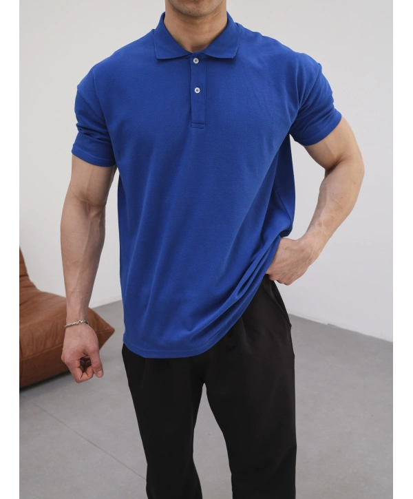 SAKS MAVİSİ POLO YAKA OVERSİZE KOLLAR DAR KESİM T-SHİRT