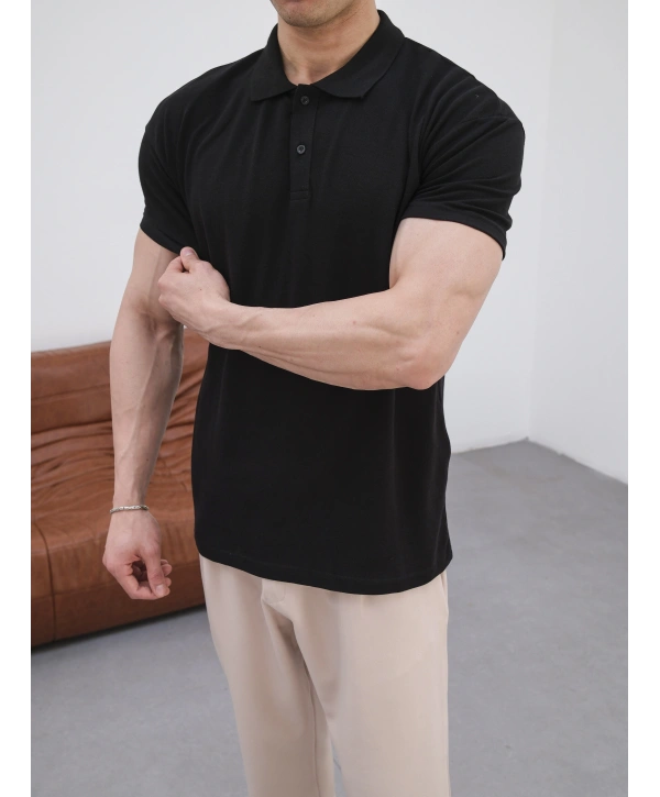 SİYAH POLO YAKA OVERSİZE KOLLAR DAR KESİM T-SHİRT