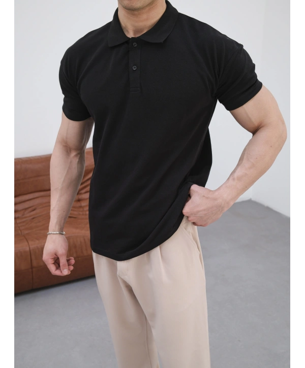 SİYAH POLO YAKA OVERSİZE KOLLAR DAR KESİM T-SHİRT