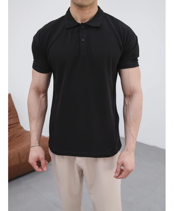 SİYAH POLO YAKA OVERSİZE KOLLAR DAR KESİM T-SHİRT