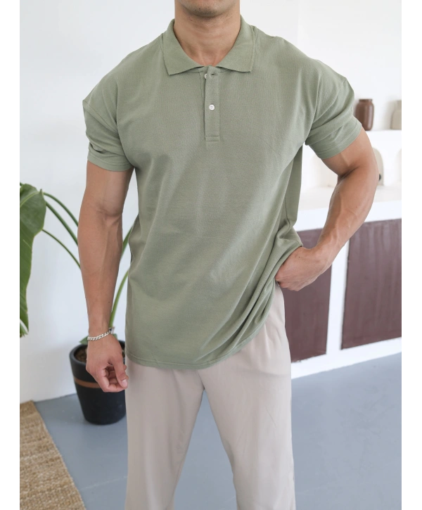 SU YEŞİLİ POLO YAKA OVERSİZE KOLLAR DAR KESİM T-SHİRT