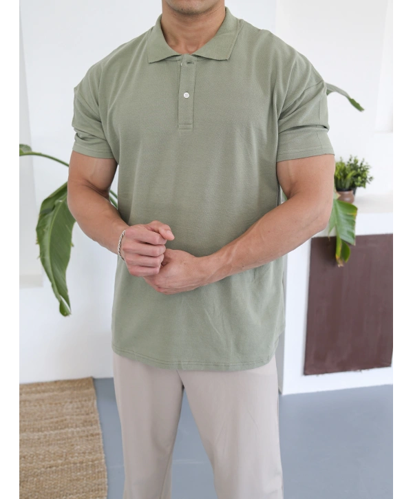 SU YEŞİLİ POLO YAKA OVERSİZE KOLLAR DAR KESİM T-SHİRT