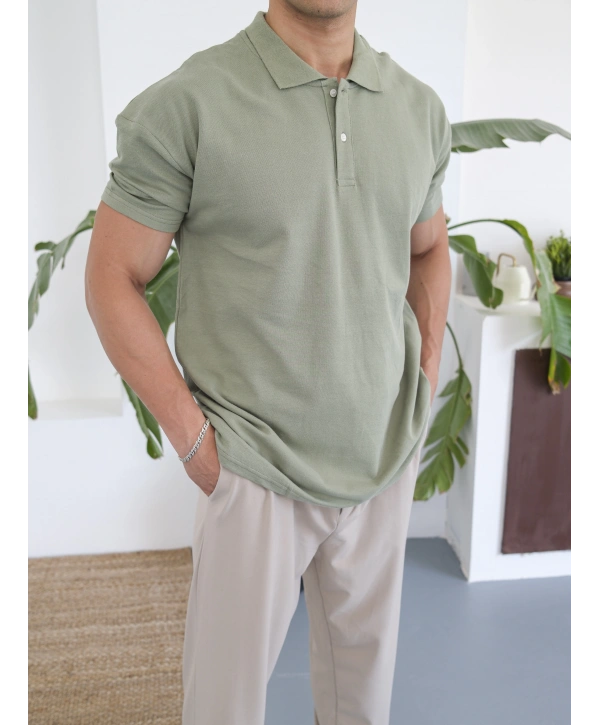 SU YEŞİLİ POLO YAKA OVERSİZE KOLLAR DAR KESİM T-SHİRT