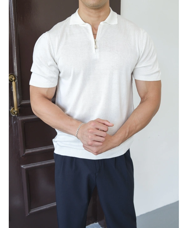 TRİKO BEYAZ FERMUAR YAKA T-SHİRT