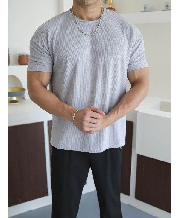 WAFFLE KUMAŞ GRİ KOLLAR DAR KESİM T-SHİRT