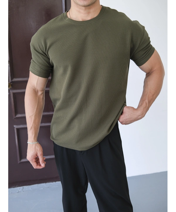 WAFFLE KUMAŞ HAKİ KOLLAR DAR KESİM T-SHİRT