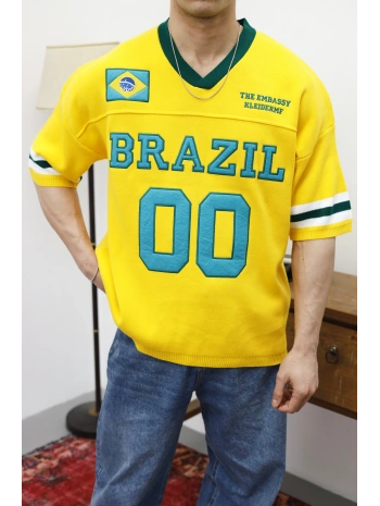 Brazil Nakışlı Oversize Triko T-Shirt