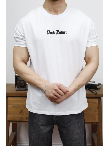OVERSİZE DARK FUTURE BASKI BEYAZ KOLLAR DAR KESİM T-SHİRT