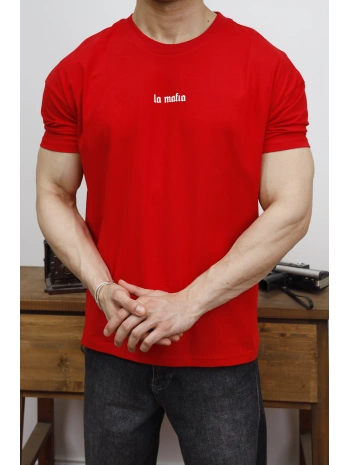 OVERSİZE LA MAFİA  BASKI KIRMIZI KOLLAR DAR KESİM T-SHİRT